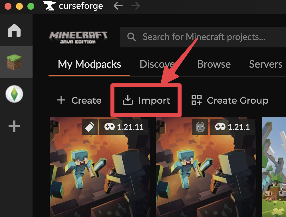 Click the Import button in CurseForge